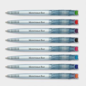 Clear Blue pens made from recycled plastic bottles with colour clip tip