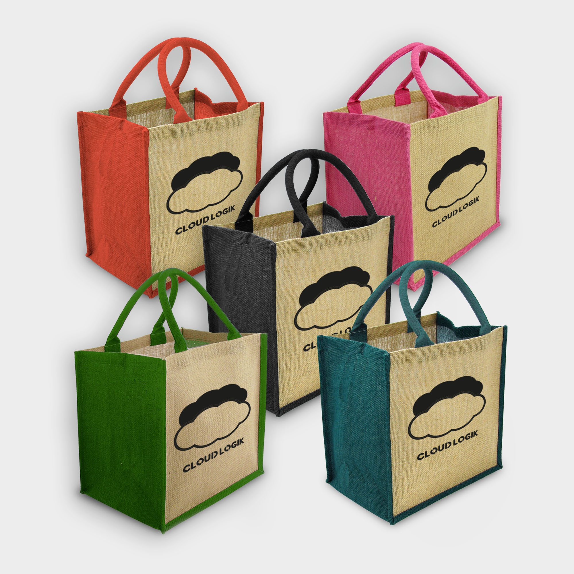 Die Green & Good Einkaufstasche aus Jute mit kurzen farbigen Baumwollhenkeln und Seiten