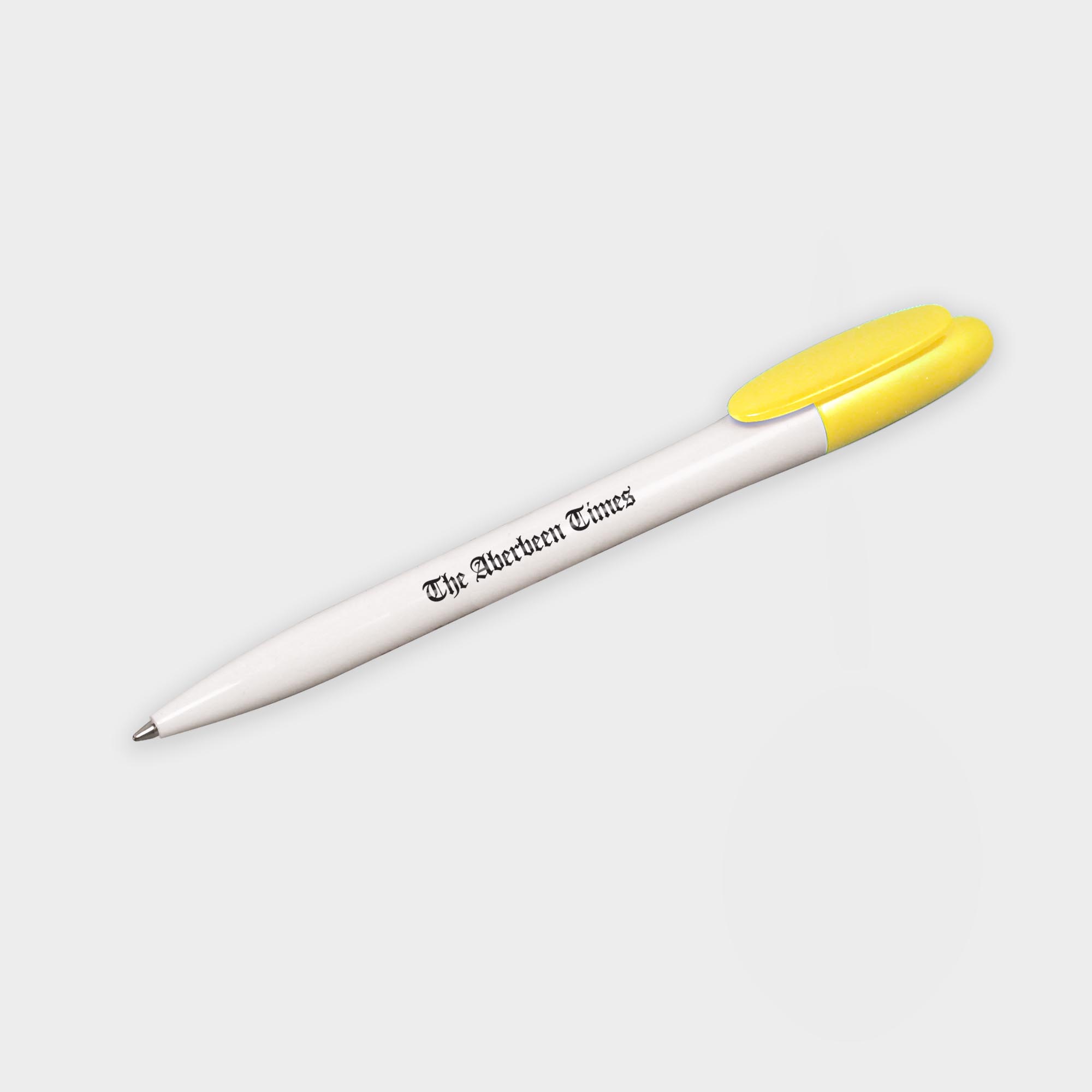 The Green & Good Realta ballpen. It is made in the EU from recycled plastic. Available in a variety of colours with a twist action mechanism. Comes with black ink as standard. One of our bestsellers. White / Yellow