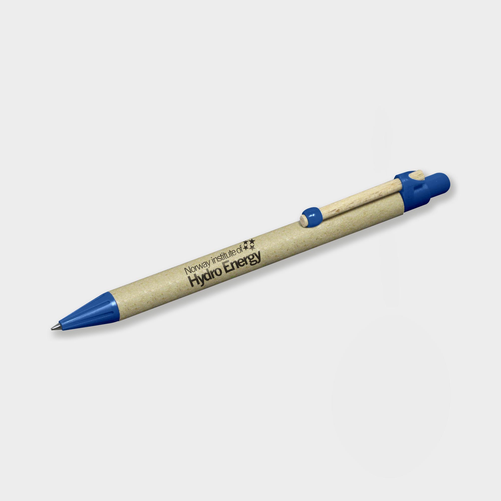 The Green & Good Recycled Card Pen. An eco-friendly pen made from natural recycled cardboard and a wooden clip. Various trim colours available. Made in Germany and comes as standard with blue ink. Blue