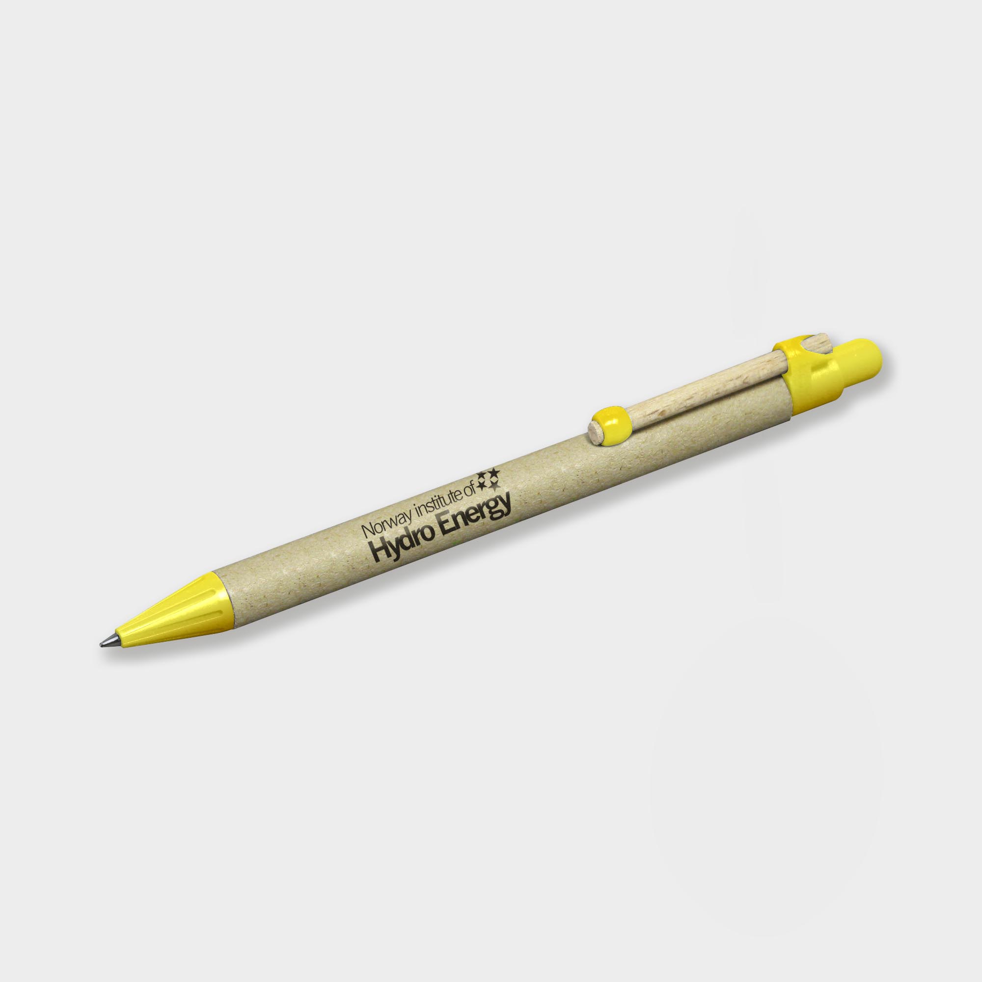 The Green & Good Recycled Card Pen. An eco-friendly pen made from natural recycled cardboard and a wooden clip. Various trim colours available. Made in Germany and comes as standard with blue ink. Yellow