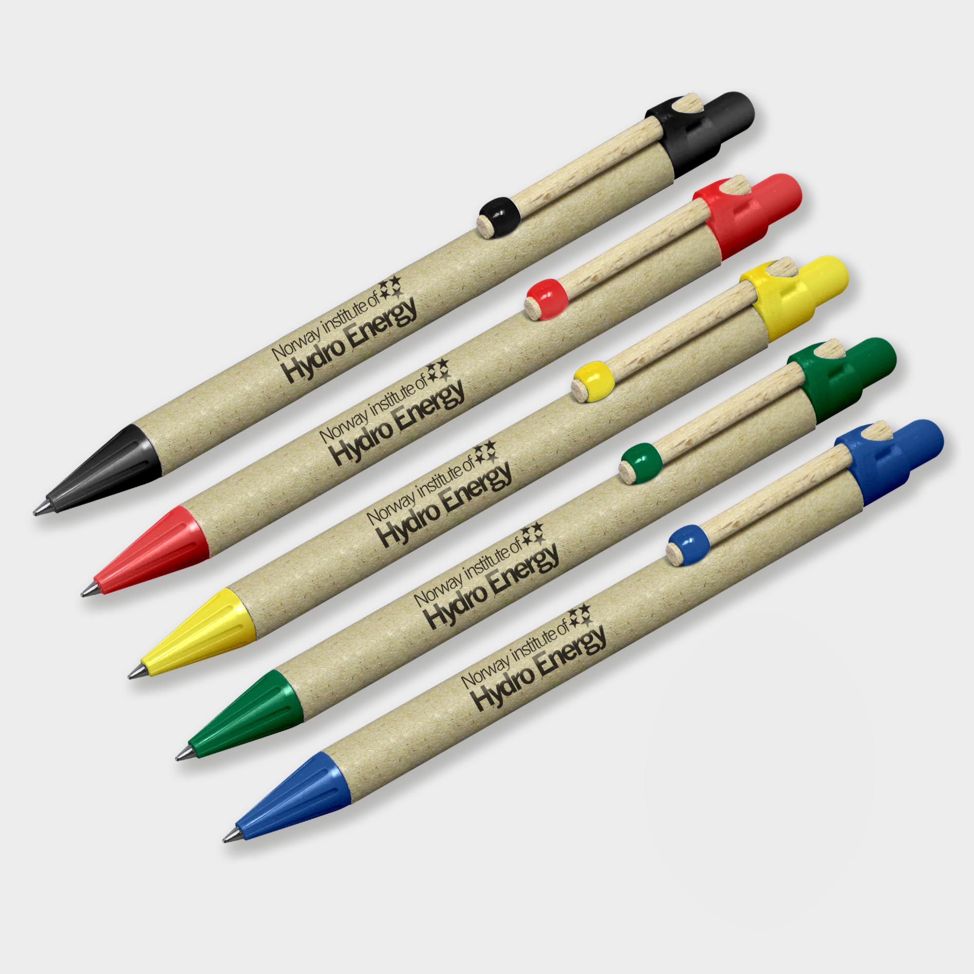 The Green & Good Recycled Card Pen. An eco-friendly pen made from natural recycled cardboard and a wooden clip. Various trim colours available. Made in Germany and comes as standard with blue ink.