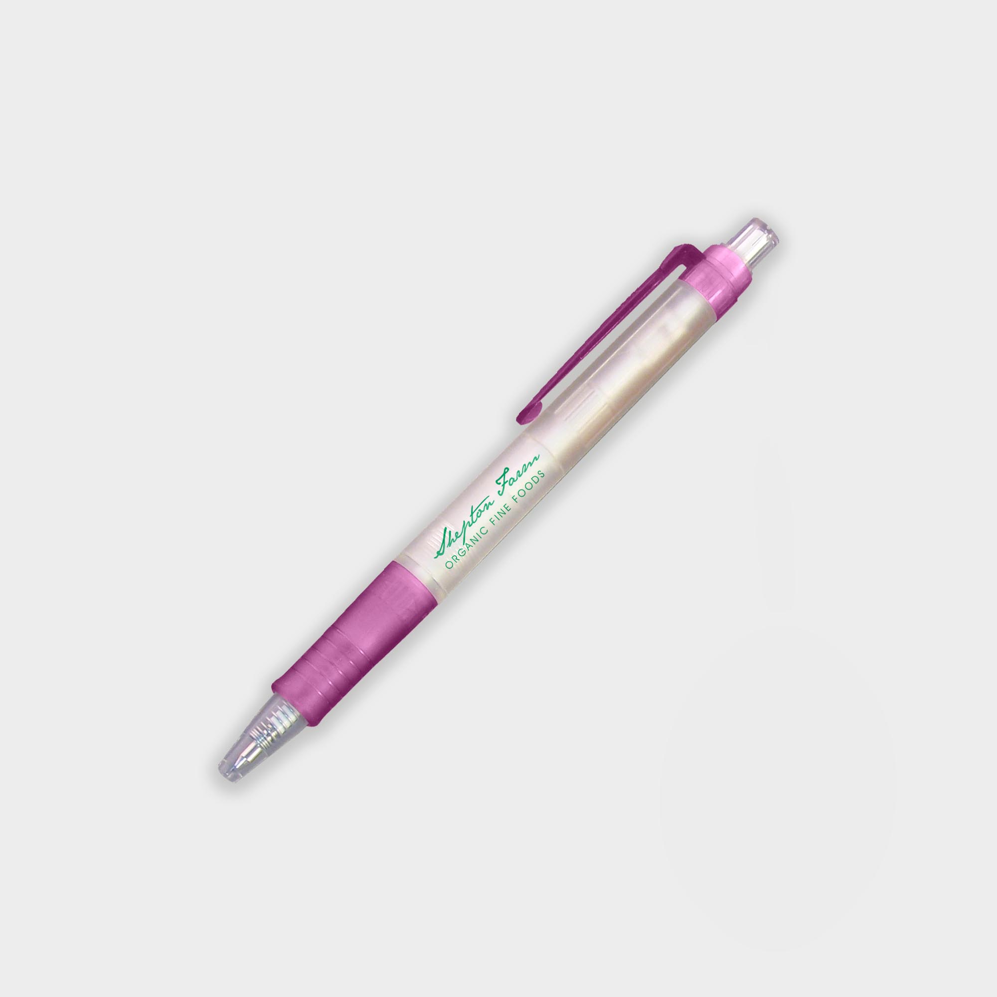 The Green & Good Bio Frost Biodegradable Pen. Corn based plastic pen with a frosted body and a push button. Available in a wide range of trim colours. Black ink as standard. Pink