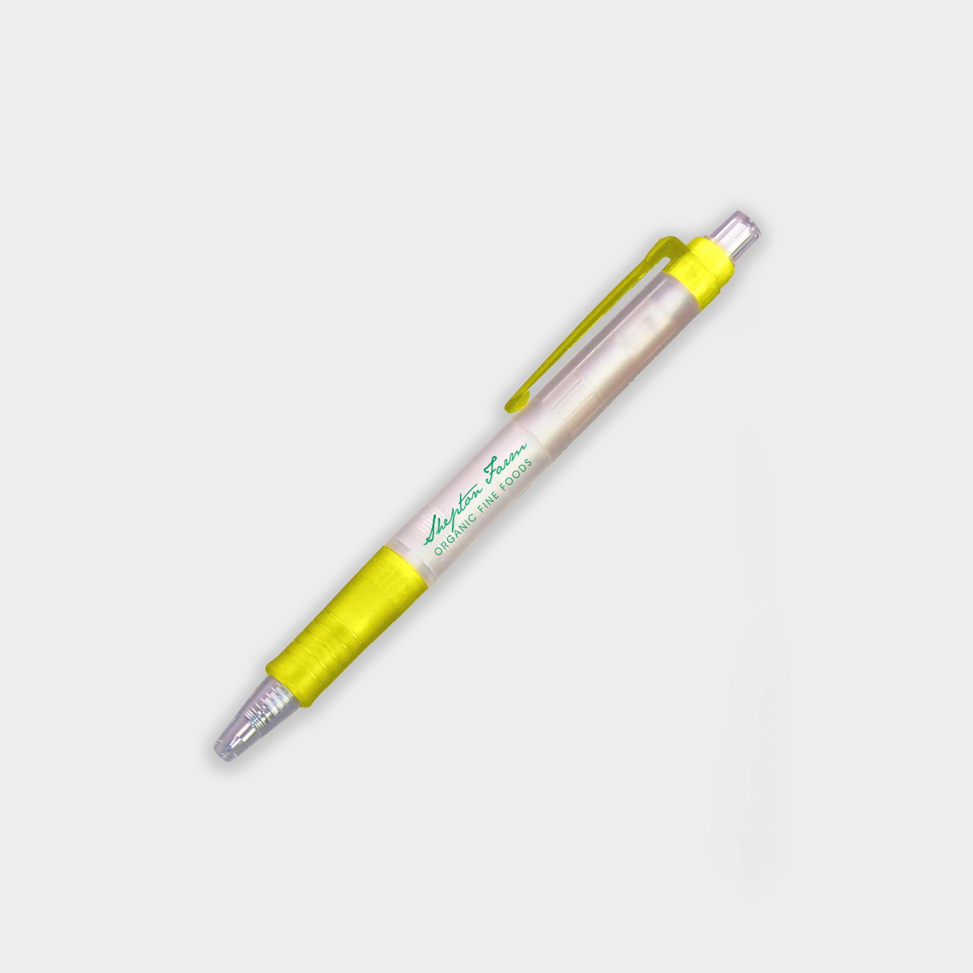 The Green & Good Bio Frost Biodegradable Pen. Corn based plastic pen with a frosted body and a push button. Available in a wide range of trim colours. Black ink as standard. Yellow