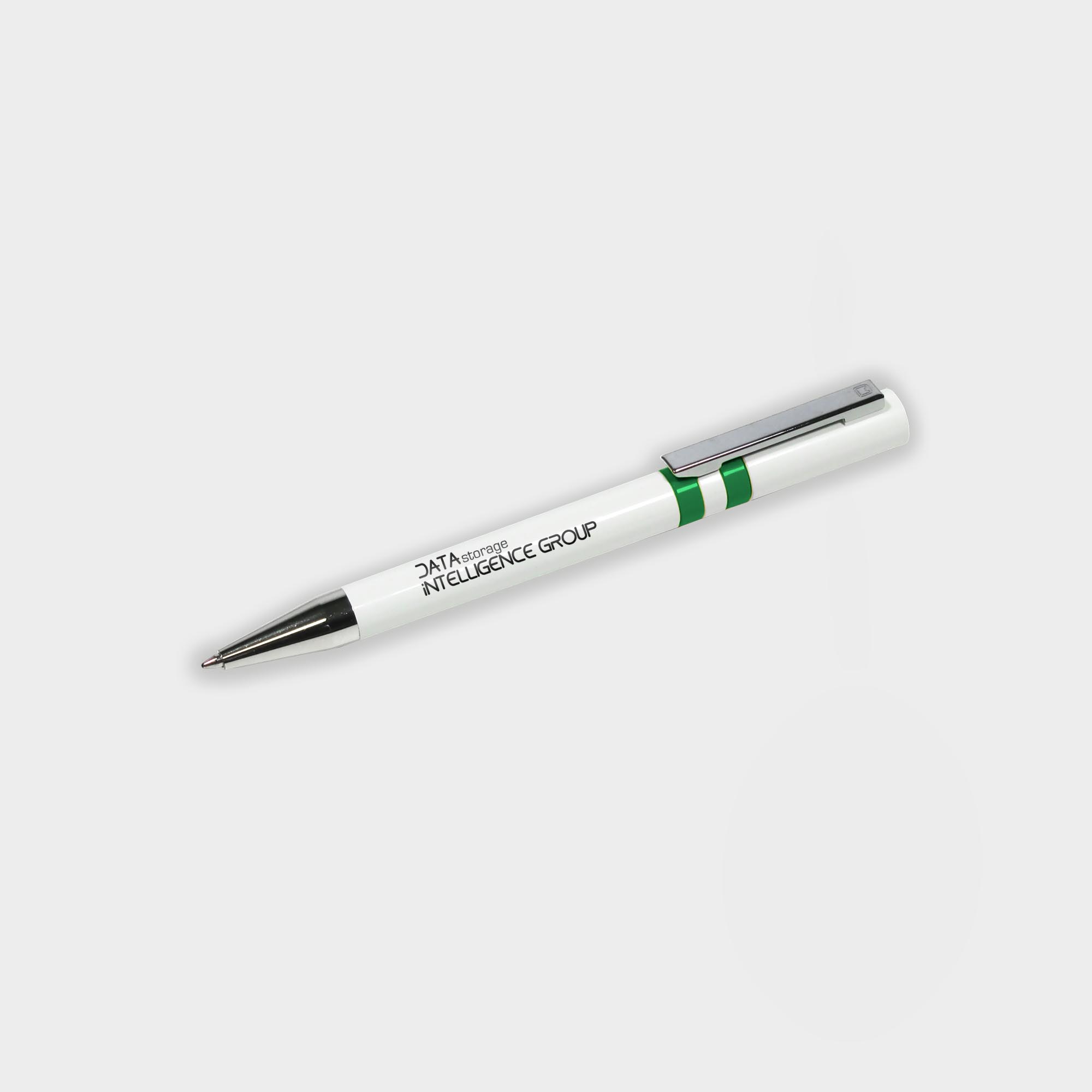 The Green & Good Ethic Pen made from recycled plastic. Stylish executive pen with chrome tip and various colour upon request. Black ink as standard. White / Green