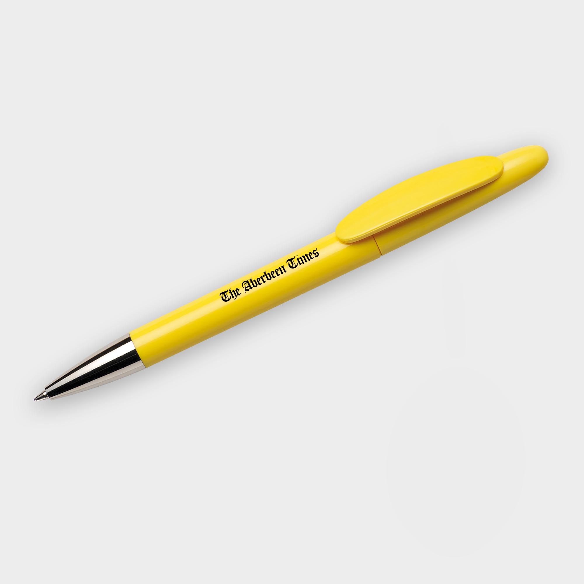The Green & Good Hudson Pen made from recycled plastic. Stylish executive pen with twist action, available in a variety of popular colours with chrome tip. Nice haptic feel and large print area. Black ink as standard. Yellow