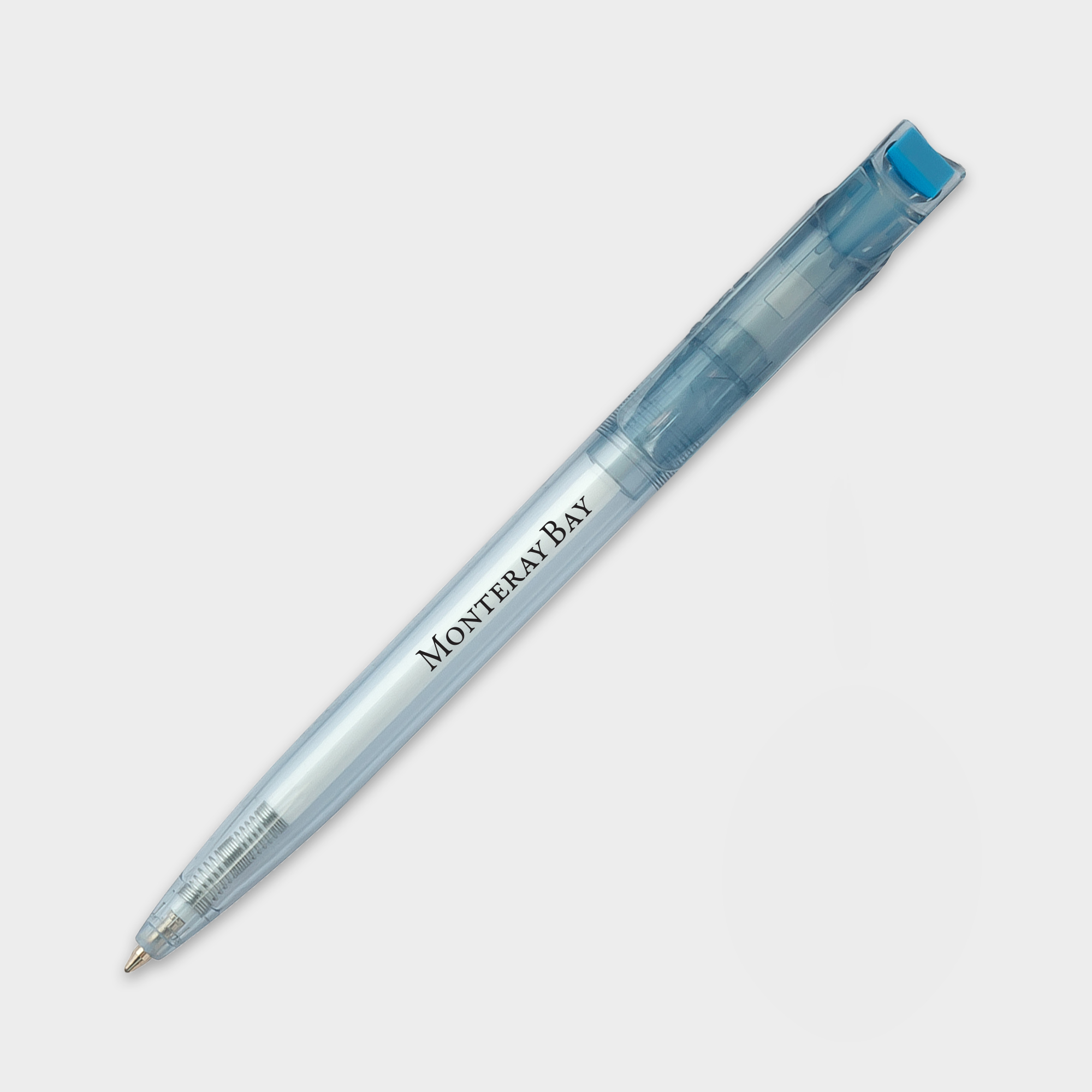 The Green & Good Litani Pen. An eco-friendly and high-quality pen made from recycled plastic bottles (rPET) with black ink refills and a light blue body with coloured tip. Made in the EU and available with a variety of different tip colours. Light Blue