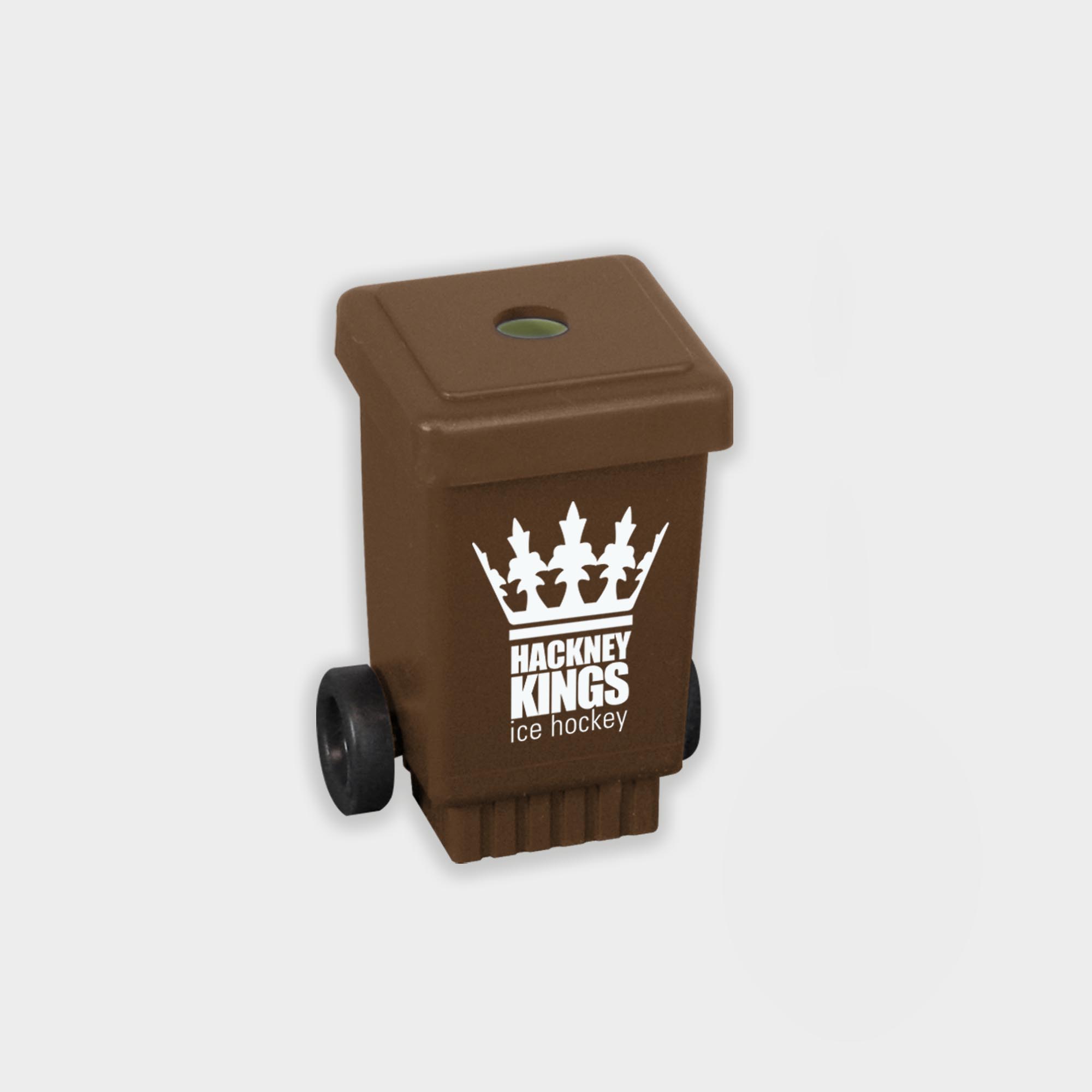 The Green & Good Wheelie Bin Pencil Sharpener made from recycled plastic (polystyrene). Made in the EU and available in a variety of colours.Features include a removable lid and small black wheels. Ideal for councils and waste management companies. Brown