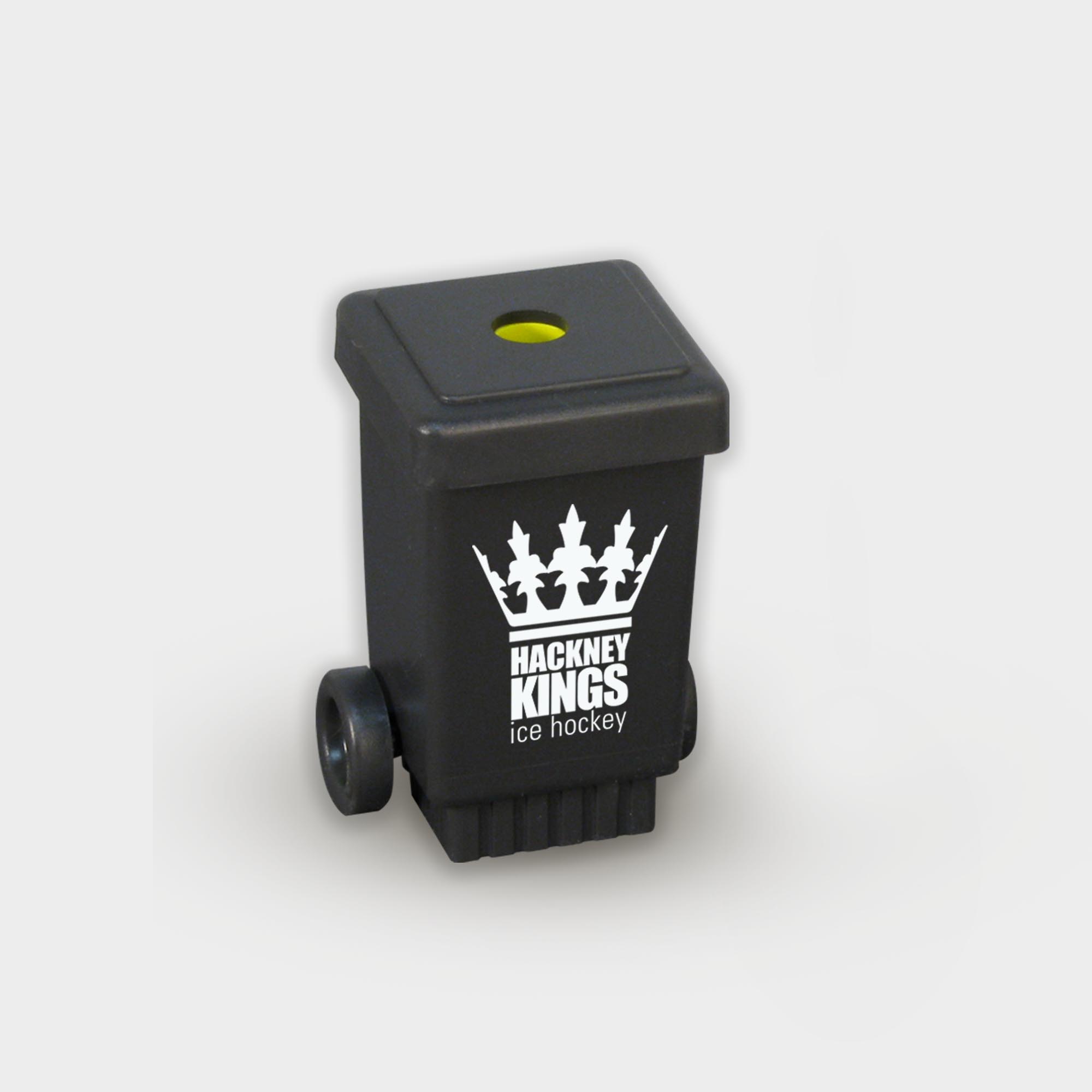 The Green & Good Wheelie Bin Pencil Sharpener made from recycled plastic (polystyrene). Made in the EU and available in a variety of colours.Features include a removable lid and small black wheels. Ideal for councils and waste management companies. Graphite