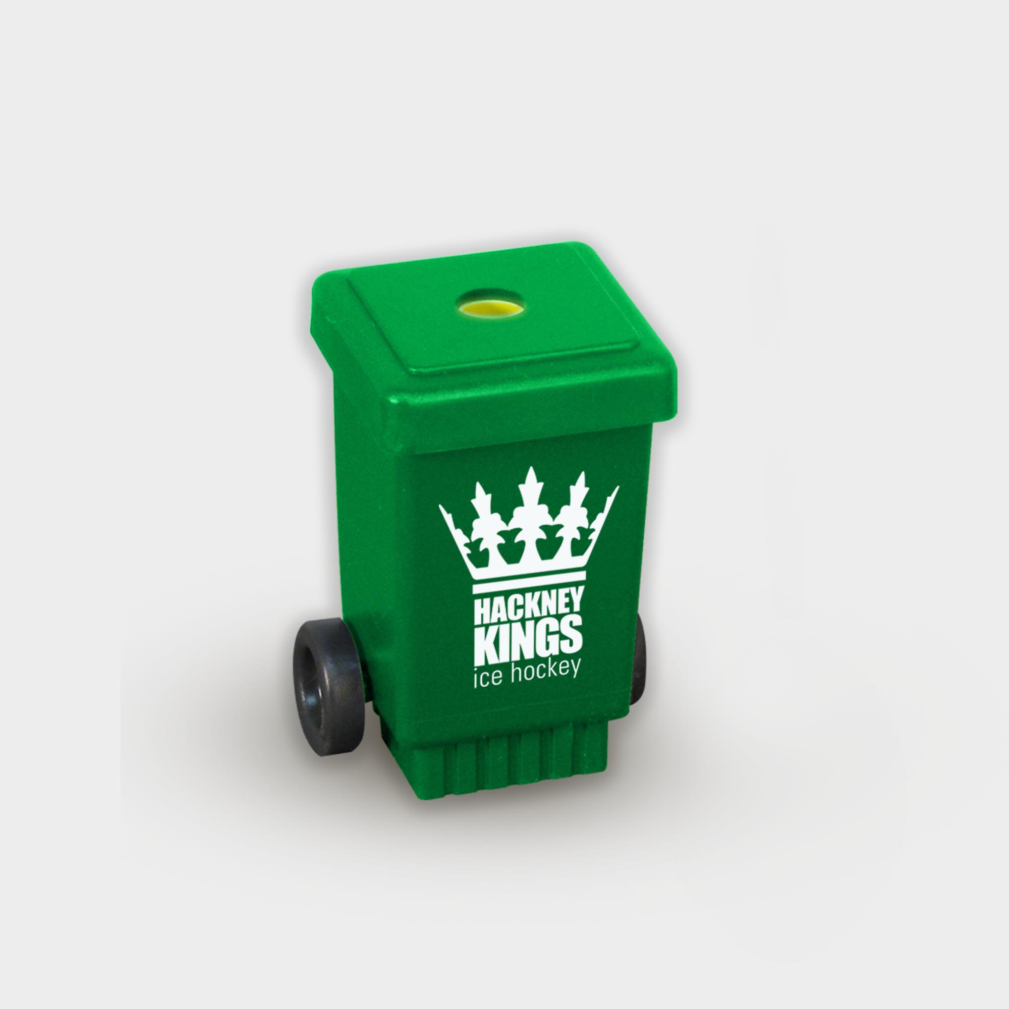 The Green & Good Wheelie Bin Pencil Sharpener made from recycled plastic (polystyrene). Made in the EU and available in a variety of colours.Features include a removable lid and small black wheels. Ideal for councils and waste management companies. Green