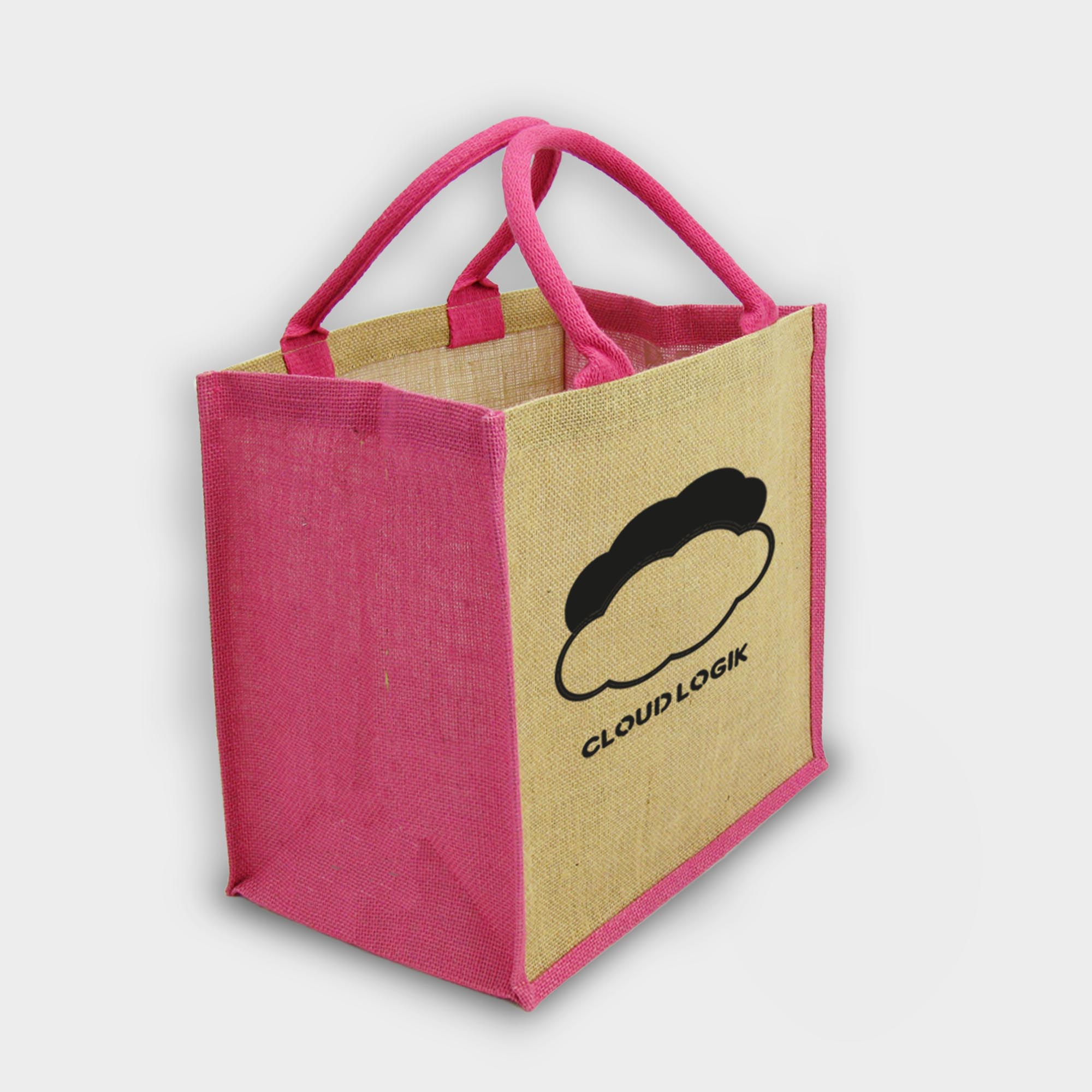 The Green & Good Brighton Jute Bag is made from natural and sustainable jute. Comes with coloured gussets in various colours. Popular shopping and gift bag with square format and cotton webbing over rope handles. Lined inside with a laminated surface for easy cleaning and sturdiness. Natural / Pink