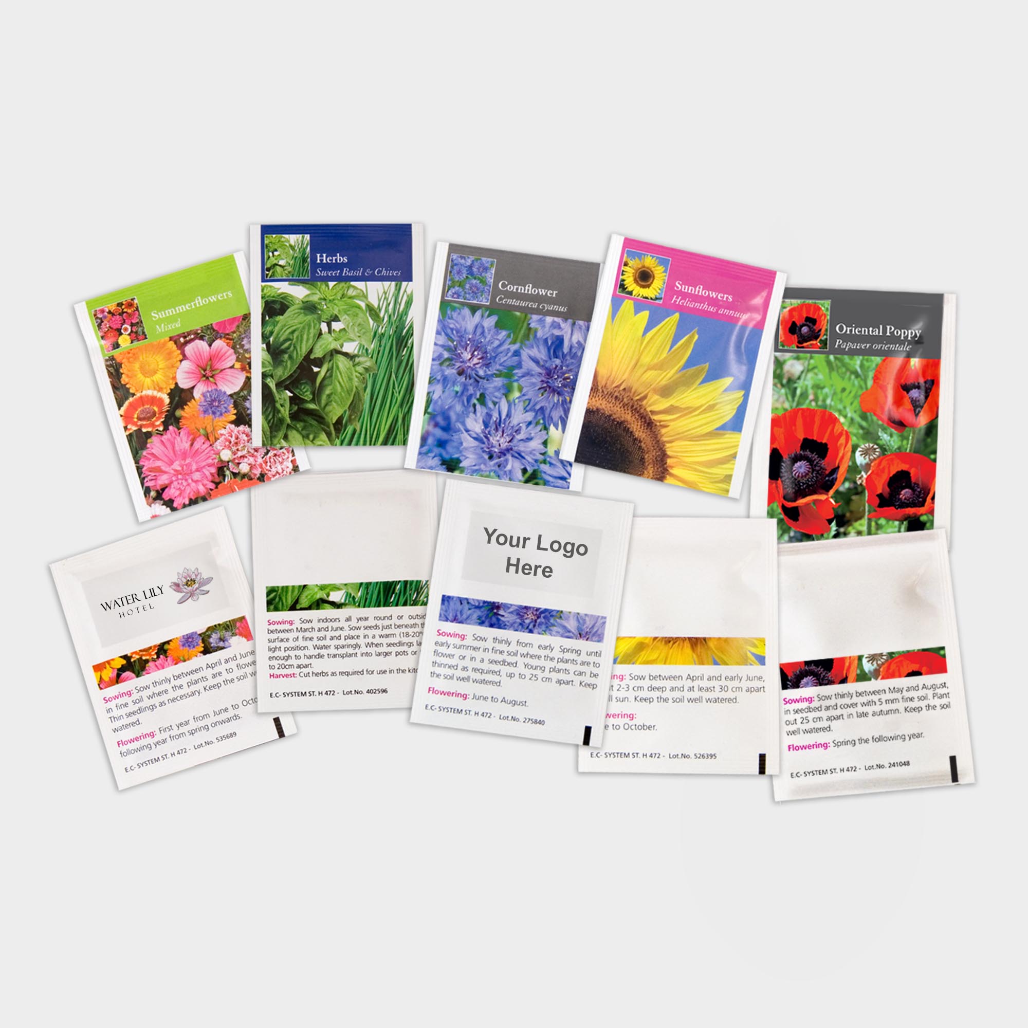 The Green & Good Standard Seed Packet come in pre-printed packets with the relevant seed variety. These packets have a very convenient size of 62 x 80mm, almost like a business card. Select from seven popular varieties: Sunflower, Forget me not, Mixed Summer Flowers, Butterfly & Bee, Poppy, Cornflower and Herbs. Personalise these packets with a clear acetate label, digitally printed 4-col process.