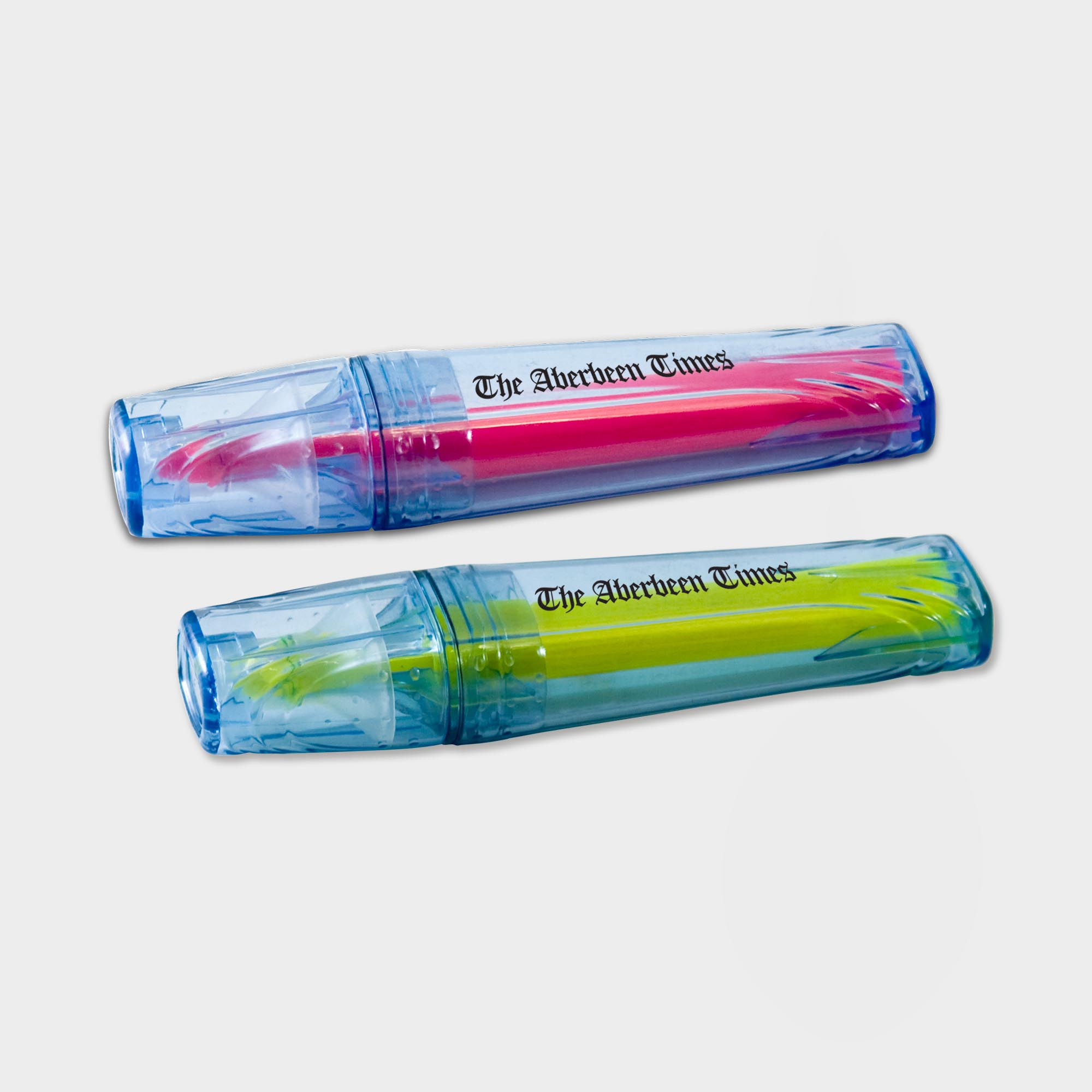 The Green & Good Highlighter Pen made from recycled bottles (PET). Clear blue body and lid, available with a yellow or pink refill / ink.