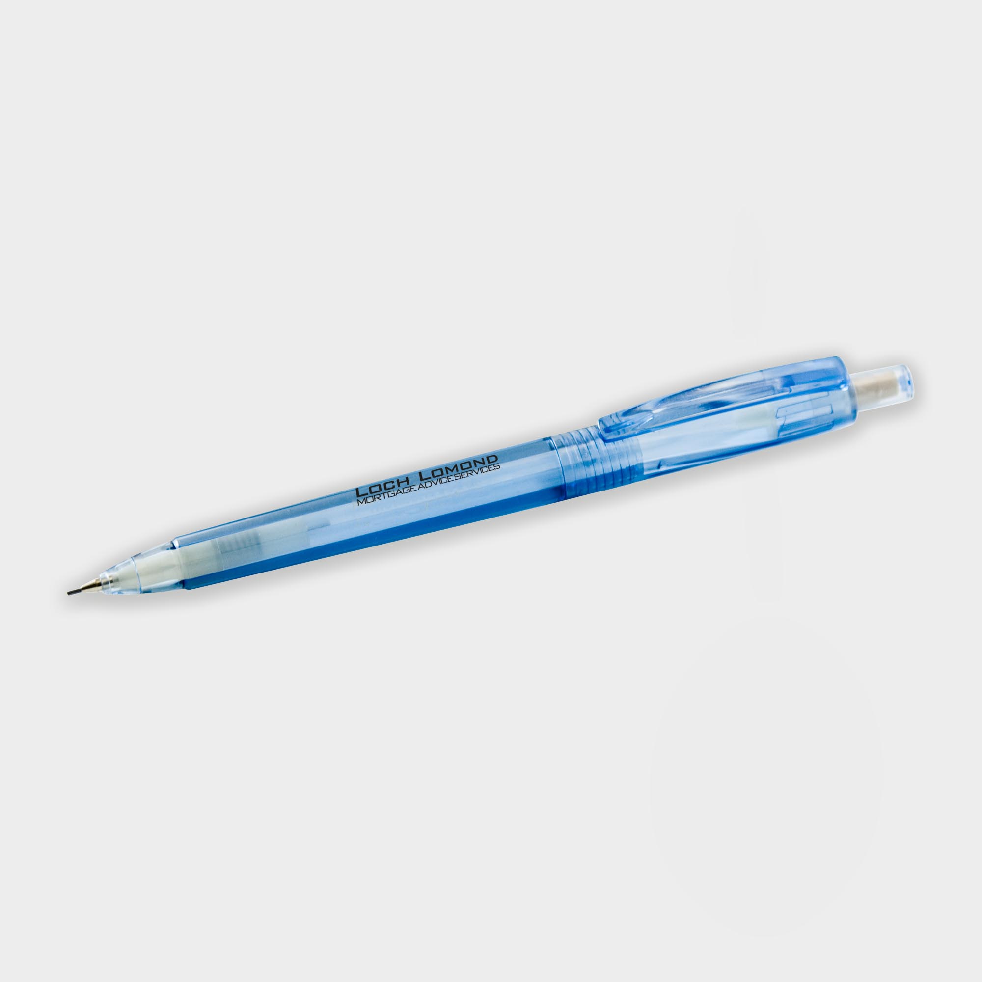 The Green & Good Severn Pencil made from recycled plastic water bottles (rPET). This is a clear blue transparent propelling pencil with white eraser. Comes with a 0.7mm HB lead that can be replaced.