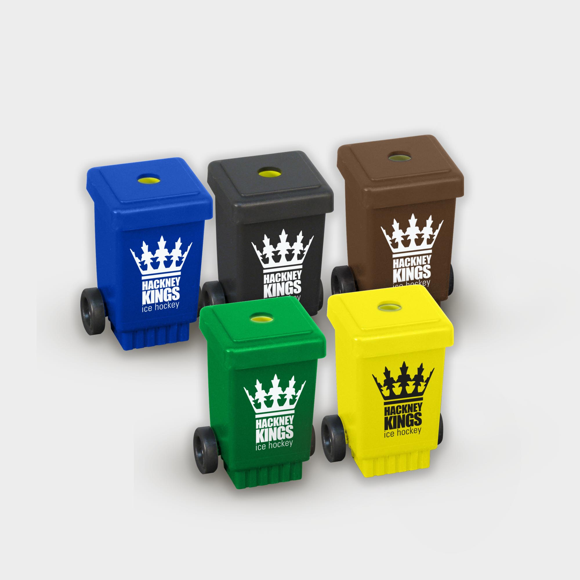 The Green & Good Wheelie Bin Pencil Sharpener made from recycled plastic (polystyrene). Made in the EU and available in a variety of colours.Features include a removable lid and small black wheels. Ideal for councils and waste management companies.