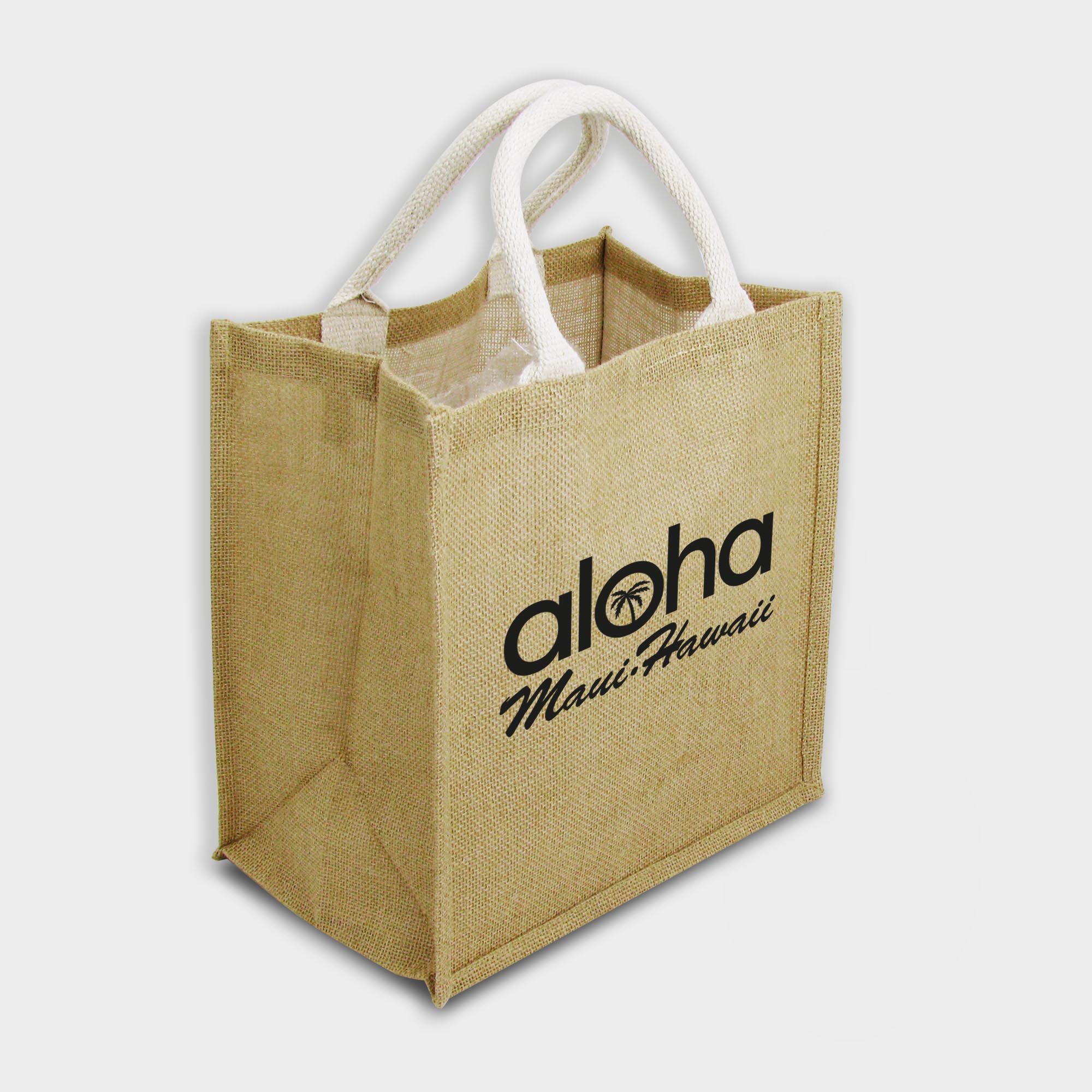 The Green & Good Brighton Jute Bag is made from natural and sustainable jute. Popular shopping and gift bag with square format and cotton webbing over rope handles. Lined inside with a laminated surface for easy cleaning and sturdiness.